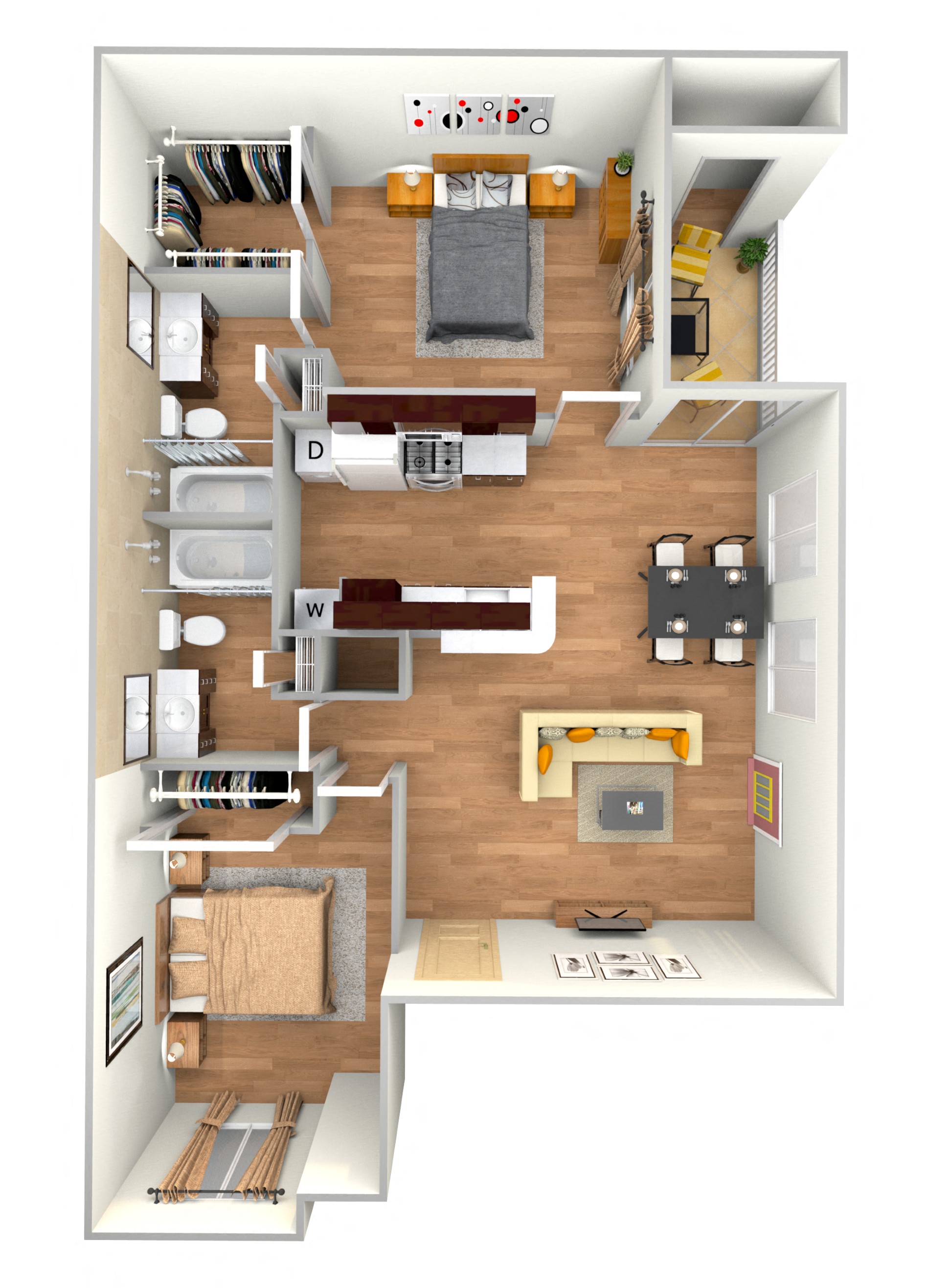 Floor plan for 2 beds, 2 baths, 844 sqft